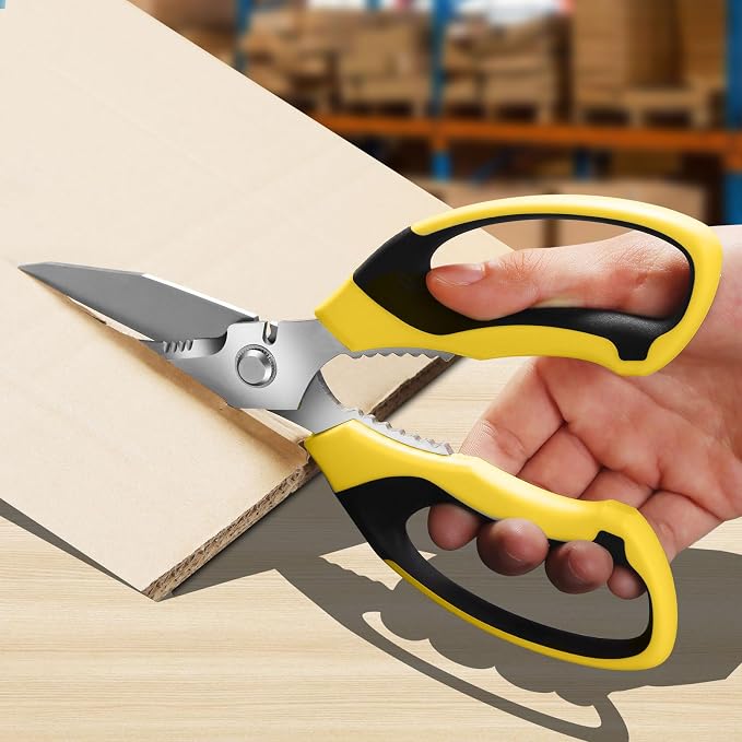 BoFuYuan Utility Scissors All Purpose heavy duty 8-Inch Yellow | Comfort Grip, Sharp Serrated Blades Cutting Carpet Cardboard Wire Fabric, Multipurpose Shears for Kitchen Garden Office Craft