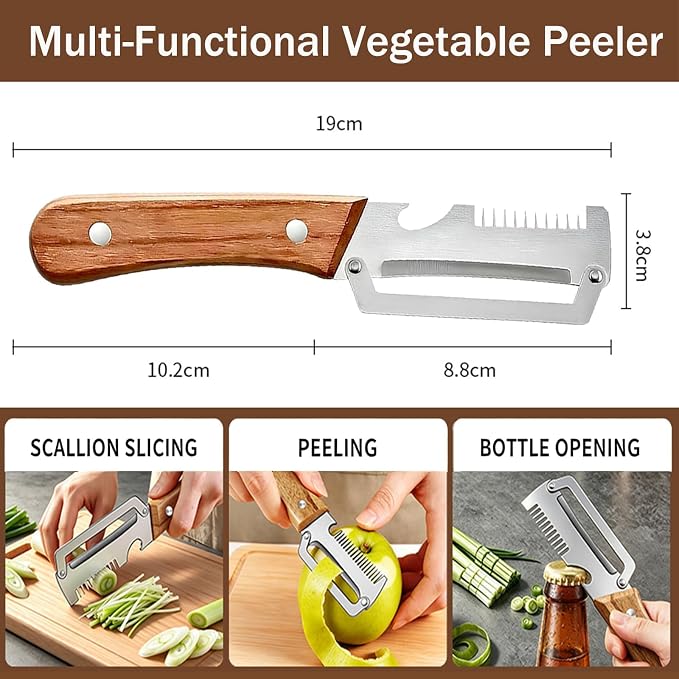 Multi-Functional Vegetable Peeler, 3-in-1 Stainless Steel Peeler | Ergonomic wooden non-slip handle, stainless steel blade, versatile uses, easy to clean