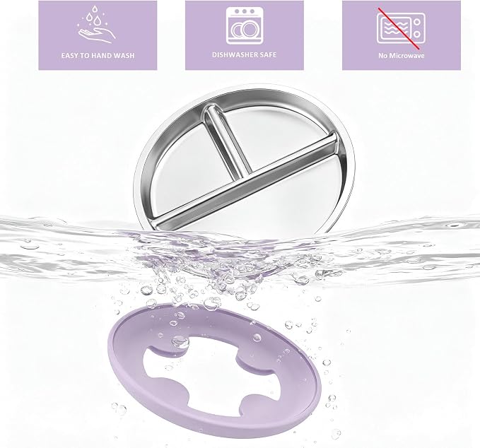 Bakpoco Stainless Steel Suction Plates for Toddlers, 9" Divided Kids Baby Plates with Removable Silicone Suction, Non Toxic Non Slip Portion Control Snack Dishes 3 Packs, Pink Beige Lilac