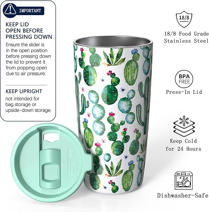 TILUCK 20 oz Insulated Coffee Tumbler with BPA-Free Lid | Travel Coffee Mug, Dishwasher Safe, Cup Holder Friendly, Double-Wall Vacuum Insulation for Hot & Cold Drinks, Cactus