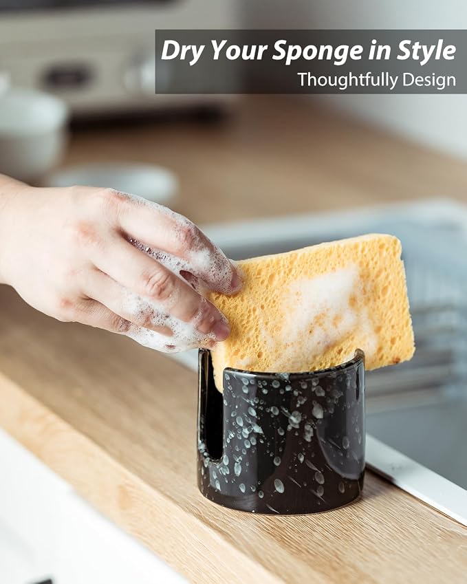 Zoeeker Sponge Holder for Kitchen, Ceramic Sink Caddy Scrub Sponge Rack | Dish Brush Rack Scrubbers Holder Scouring Pad Holder for Kitchen Sink, Bathroom, Kitchen Storage Organizer Accessories, Black