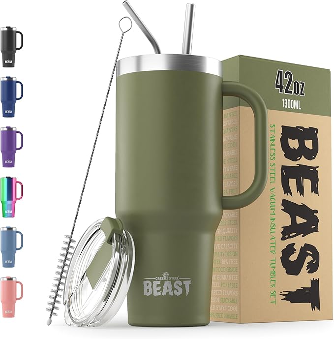Beast 42 oz Tumbler with Handle Stainless Steel Vacuum Insulated Coffee Ice Cup Double Wall Travel Flask (Army Green)