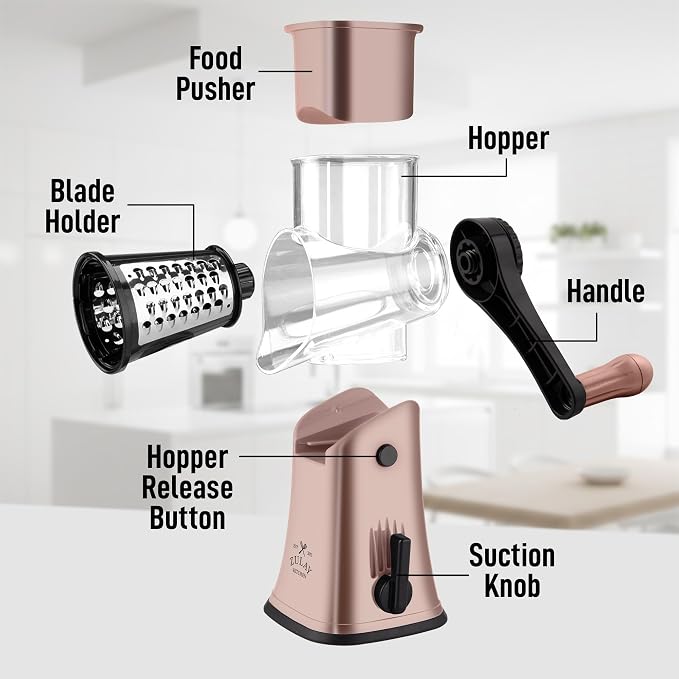 Zulay Kitchen Rotary Cheese Grater 5 Blade Cheese Shredder - Manual Hand Crank Cheese Grater With Reinforced Suction & 5 Interchangeable Drums - Easy to Use, Vegetable Chopper Round Mandoline Slicer