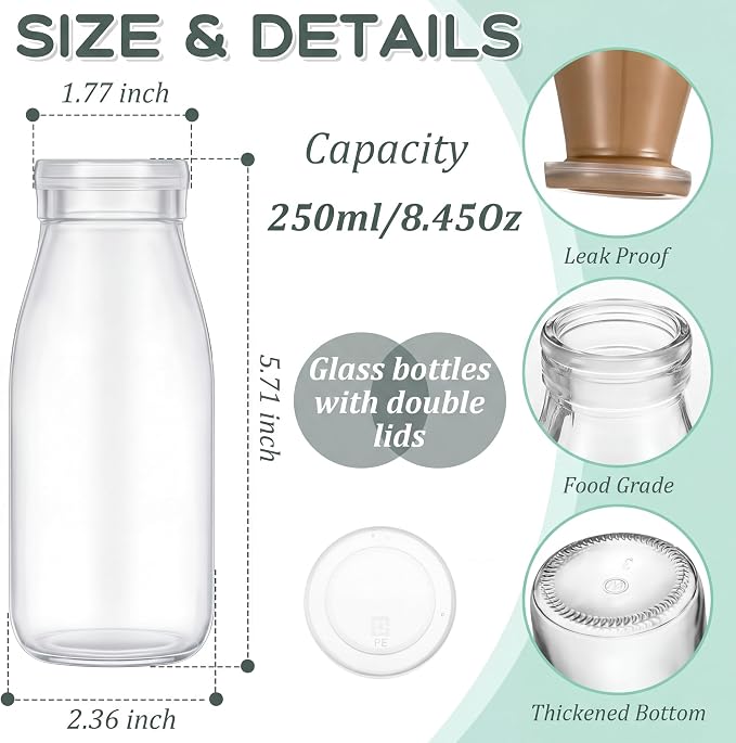 Zubebe 12 Pack 8 oz Glass Jars Milk Bottles with 24 Lids Mini Yogurt Jars | Reusable Small Glass Jars for Juice, Smoothie, Pudding, Jams, Overnight Oats, DIY Crafts, Party Favors, Gift Ideas