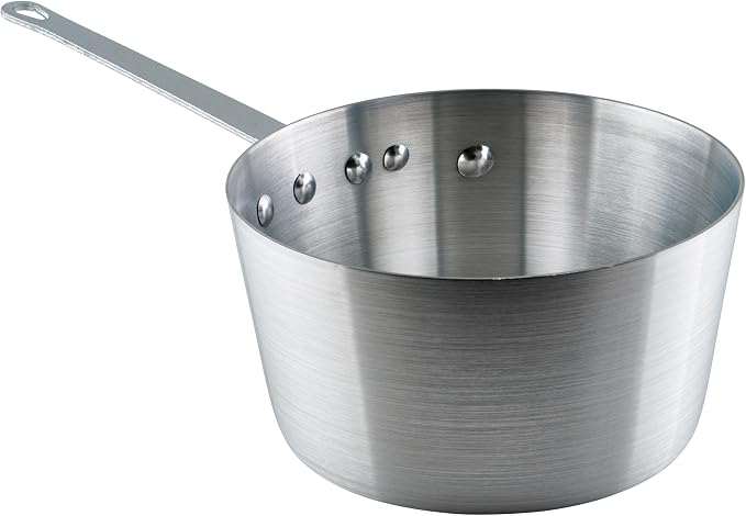 Winco 4 1/4 qt Heavy-Duty Tapered Aluminum Sauce Pan, 4.25 qt | Tapered sides, Heavy-duty, Riveted handle, Hanging hole, Great for Cooking and Food Preparation