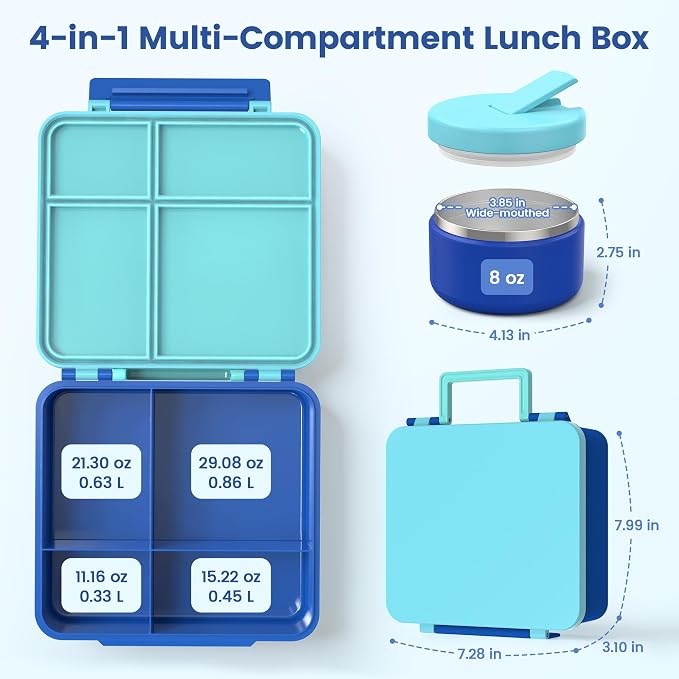LOHASOK Bento Lunch Box for Kids with 8oz Soup Thermo,Blue | 4-Compartment, Leak-Proof Lunch Containers with Insulated Food Jar and Silicone Foldable Spoon Fork