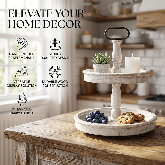 Krismax Decorative Trays - Two Tiered Tray Stand Rustic Tiered Tray Decor 2 Tiered Tray Serving Tray Seasonal & Holiday Decoration Wooden Tray for Coffee Table Farmhouse Display Stand Tray