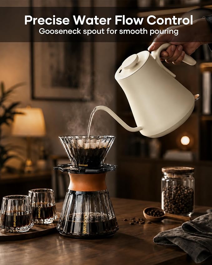 Cocinare Gooseneck Electric Kettle 0.8L, Fast Boil Pour Over Coffee, Tea | 1440W Fast Boil, 304 Stainless Steel Interior, Gooseneck Precision Spout, Auto Shut-Off & Boil-Dry Protection, Morandi White