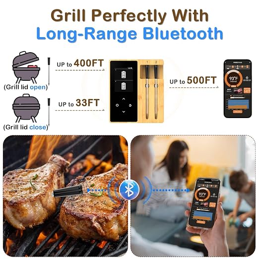 Smart Accurate Wireless Meat Thermometer - Real-Time Alerts | 2 Probes for BBQ Smoking Grilling Cooking with Long Range Bluetooth Dishwasher Clean for Indoor Outdoor Kitchen Use
