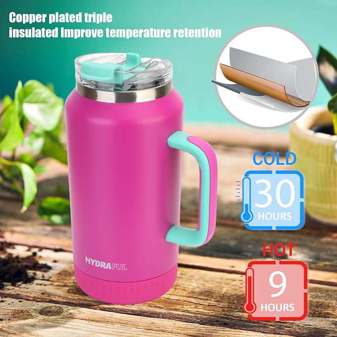Hydraful 64 oz Tumbler with Handle and Straw - 100% Leak-Proof - Insulated Cup Reusable Stainless Steel Large Water Bottle Travel Mug for Gym, Hiking, and Camping - Gifts for Women Men Him Her