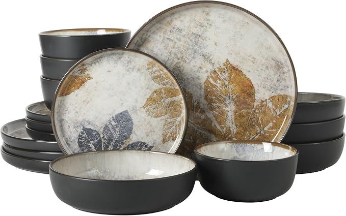 Gibson Elite Chantilly Hill 16-Piece Ceramic Dinnerware Set, Round Plates & Bowls, Multicolor Leaf Design, Microwave & Dishwasher Safe, Service for 4