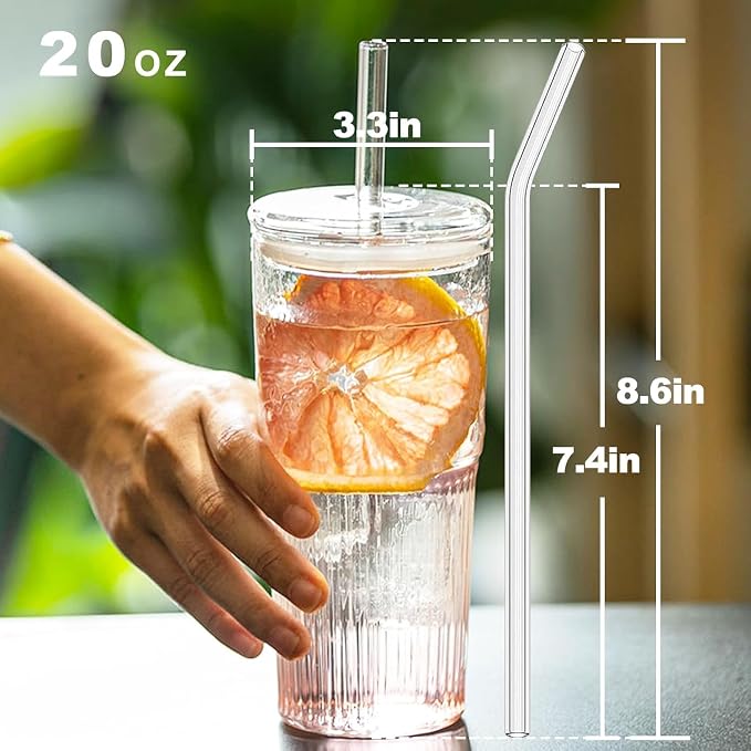 JunVpic Glass Coffee Tumbler, 20 oz Glass Cup with Lid and Straw | Clear glass design, Hammered Texture, reusable straw and lid for iced coffee, tea, smoothies and hot & cold drink
