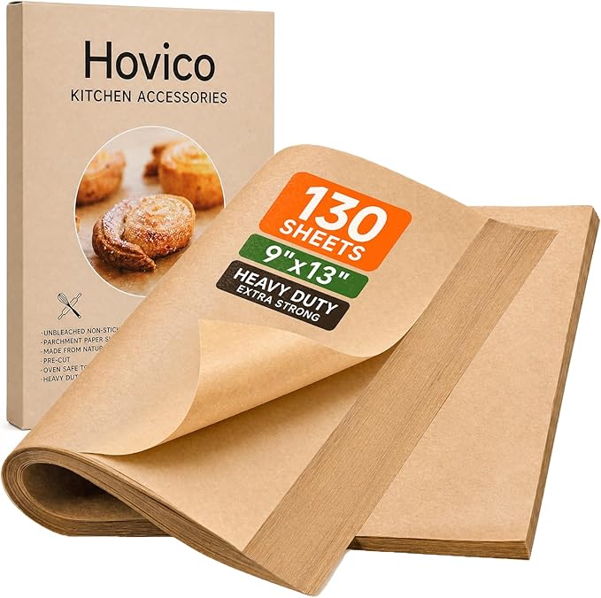 Hovico 130PCS Parchment Paper Baking Sheets, 9x13 Inch, Precut Non-Stick Parchment Sheets for Baking, Grilling, Air Fryer, Steaming, and More (Unbleached) - Perfect for BBQ, Picnic, Festival, Bread