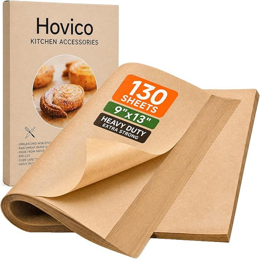 Hovico 130PCS Parchment Paper Baking Sheets, 9x13 Inch, Precut Non-Stick Parchment Sheets for Baking, Grilling, Air Fryer, Steaming, and More (Unbleached) - Perfect for BBQ, Picnic, Festival, Bread
