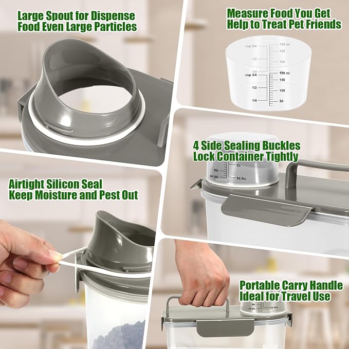 Dog Cat Food Storage Container with Cup (Dark Olive, 5L) | Pet Food Pourable Container Airtight with Large Spout, BPA-Free Plastic Food Dispenser for Pet Food, Bird Seed, Rice, Flour