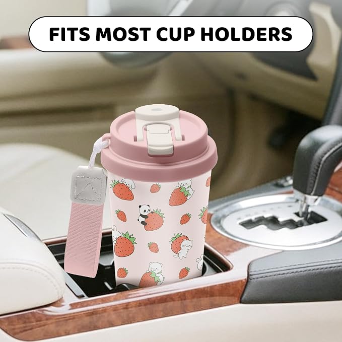 Strawberry Stainless Steel 2-in-1 Lid Coffee Tumbler 18 oz Cute Strawberries Print Insulated Travel Coffee Mug Strawberry Gifts for Women Girls Birthday Christmas