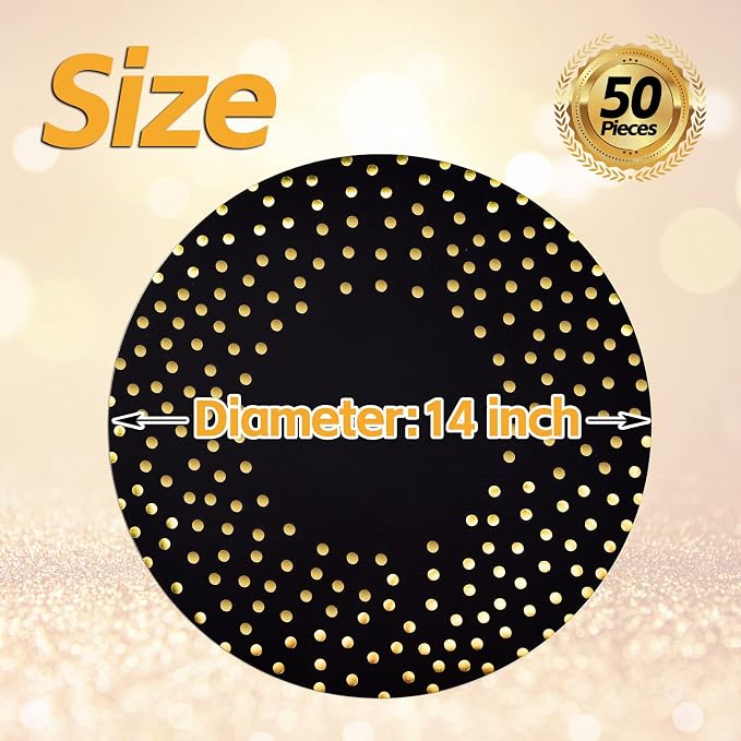 50 Pcs 14 Inch Black and Gold Foil Paper Place Mats Golden Polka Dots Round Placemats Disposable Decorative Table Mats for Wedding Banquet Party Home Dining Table Decor