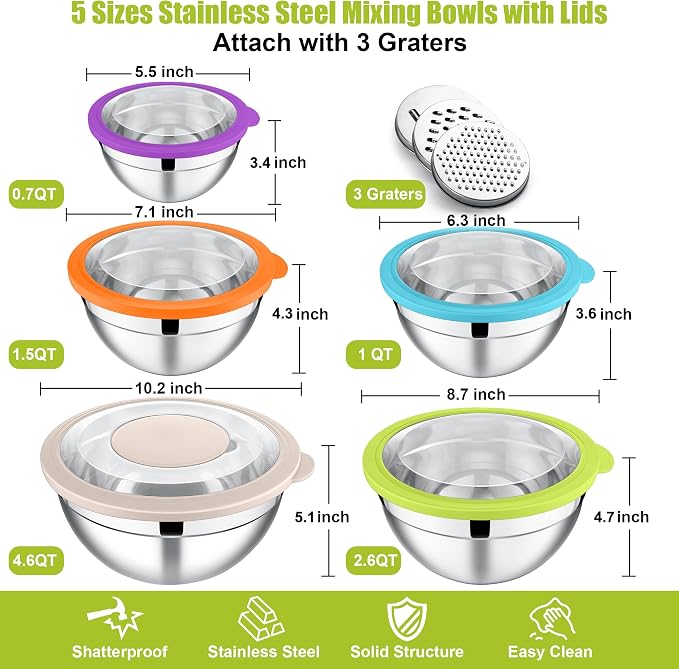 E-far Mixing Bowls with Lids Set of 5, Stainless Steel Salad Mixing Bowl with Transparent Lid, Metal Nesting Storage with 3 Graters for Kitchen Prepping/Serving/Baking, 4.6/2.6/1.5/1/0.7 QT - Colorful