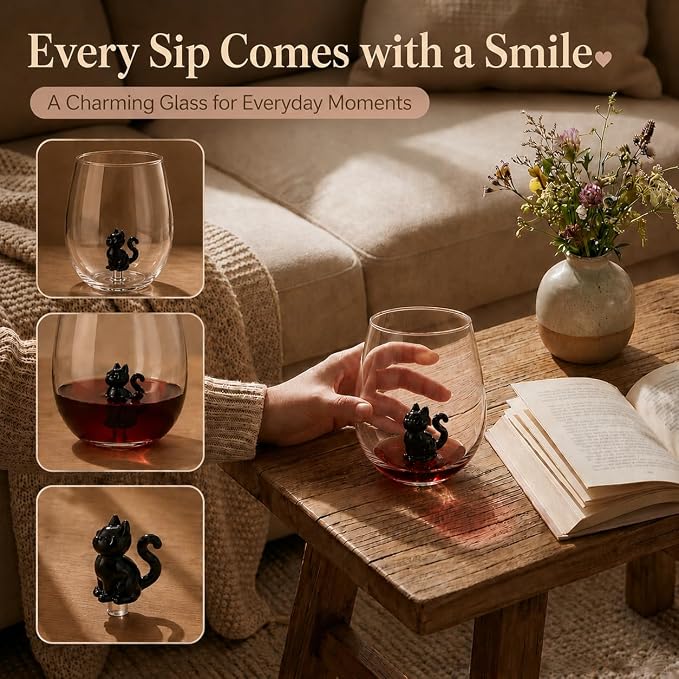 3D Black Cat Stemless Wine Glass Set of 2, Cat Decor Hand Blown Drinking Glasses, BlackCat Lover Gifts for Women Halloween Birthday Wedding Party Dad Gifts Cute Mothers Day Gift (14oz)
