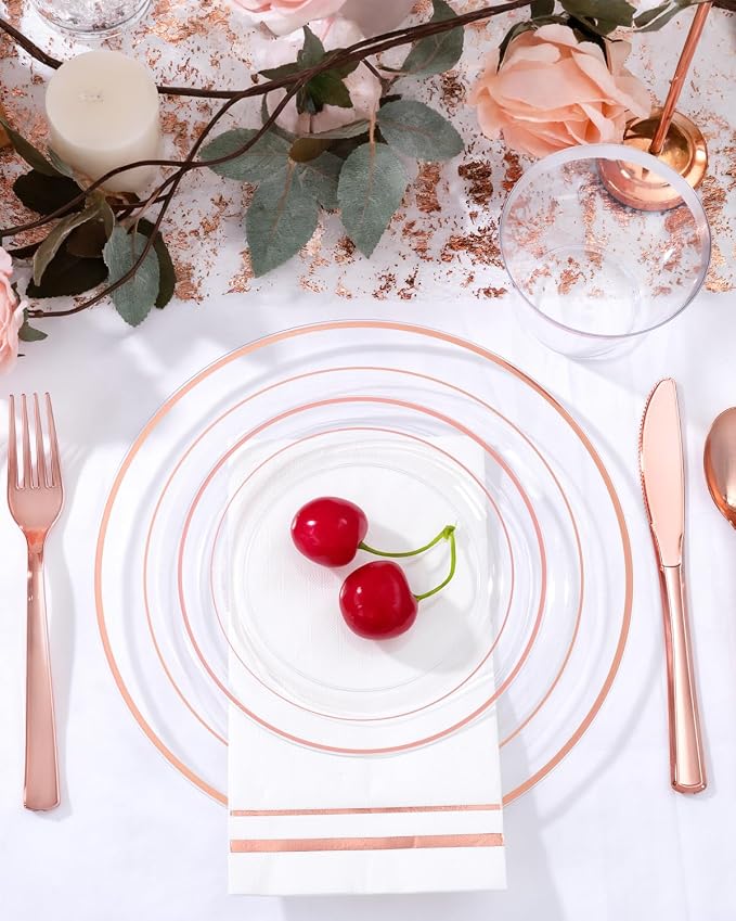 GATHER 700PCS Clear Rose Gold Plastic Plates 100 Guest for Wedding Party | Clear Rose Gold Disposable Dinnerware Set includes 200 Plates, 300 Silverware, 100 Napkins, 100 Cups for Baby Shower Birthday