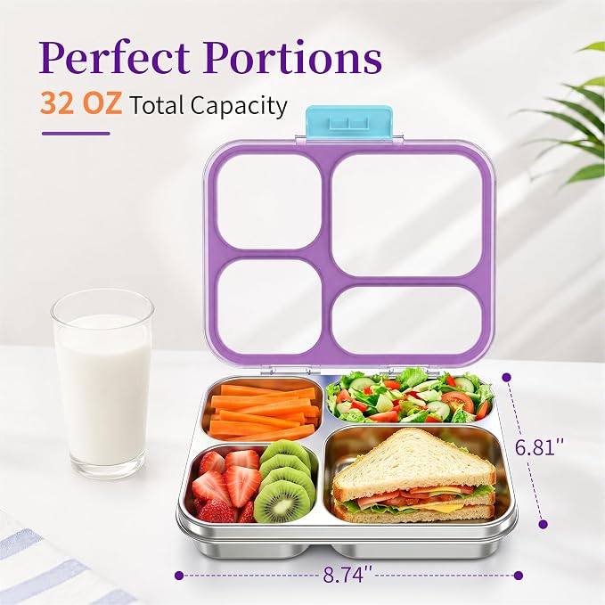 Stainless Steel Lunch Box for Kids, Leakproof 4 Compartment Kids Bento Lunch Box with Clear Lid, BPA-Free Steel Lunch Box Containers for School Travel (Purple)