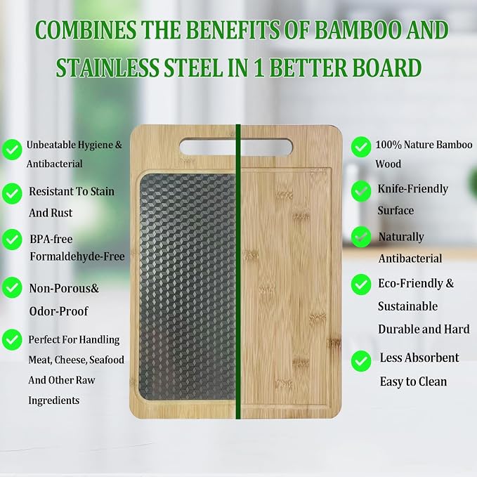 Double Sided Bamboo & Stainless Steel Cutting Board, 15"×11" Large | Juice Groove, Handle, Non Toxic, Charcuterie Board,Ideal Gift for Kitchen,Easy Care,resists scratches and odors,camping use