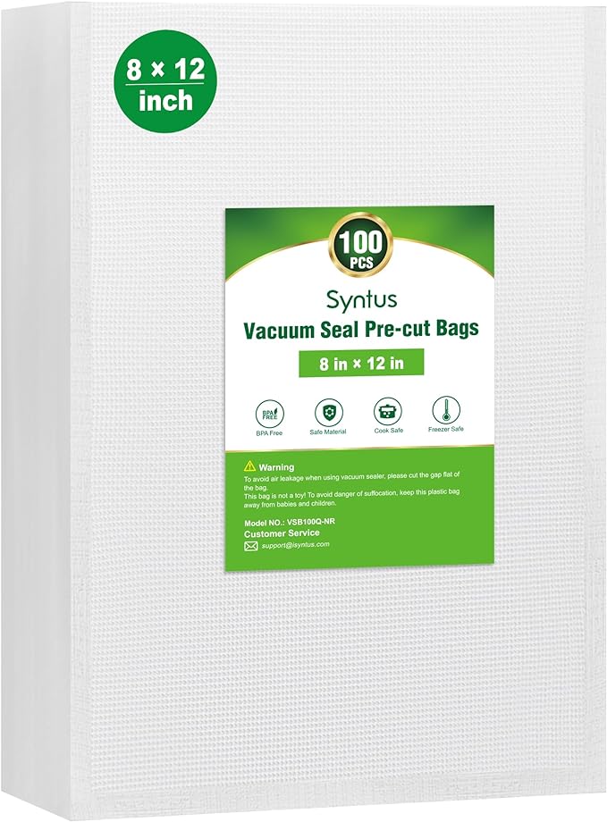 Syntus 100 Pcs Vacuum Sealer Bags for Food, Quart Size 8x12, BPA Free | Precut Bags, Sous Vide Microwave Freezer Safe, Meal Prep, Food Vacuum Storage, For All Vacuum Sealers
