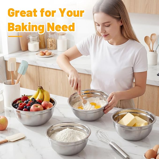Beasea Stainless Steel Mixing Bowls, 2 Pack 3.4 QT Metal Nesting Mixing Bowls with Black Lids, Stackable Baking Bowl with Lid for Kitchen, Prepping, Serving, Cooking
