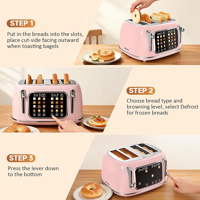 Mecity Toaster 4 Slice, Touch Screen Wide Slot Retro Toaster For Breads Bagel Muffin Waffle, House Warming Gift New Home, 120V 1650W, Pink Color