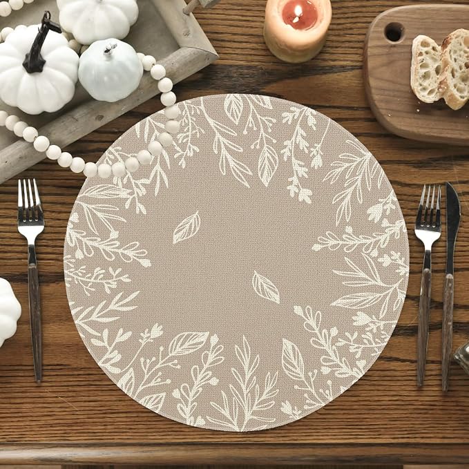 Artoid Mode Beige Eucalyptus Leaves Round Fall Placemats Set of 4-14 Inch | Heat-Resistant, Washable Table Mats, Seasonal Autumn Kitchen Dining Decor