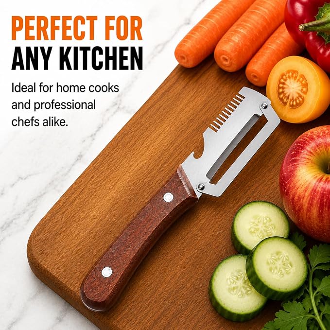 1PCS Multifunctional Vegetable Peeler with Wooden Handle & Bottle Opener | Premium Single Blade Food Peeler & Scallion Shredder Tool for Potato, Carrot, Pumpkin, Papaya, Kitchen Utensils (1 Pack)