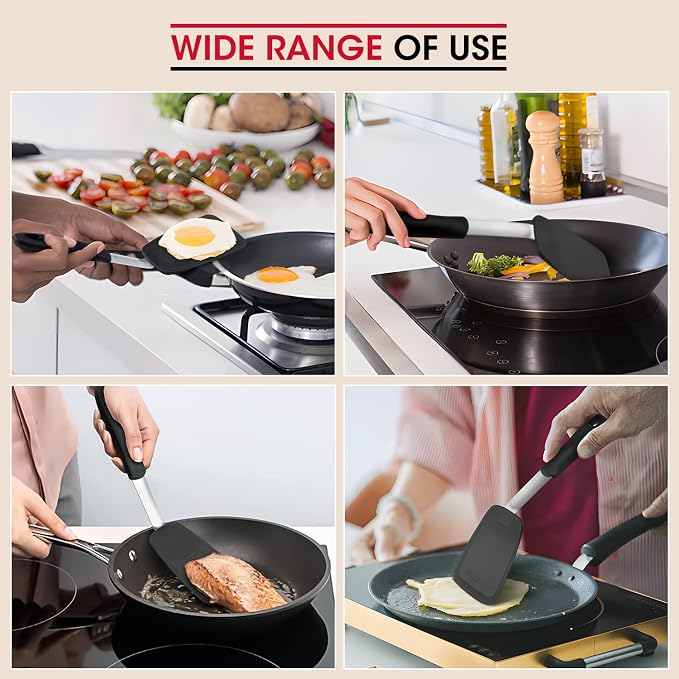 Unicook 4 Pack Flexible Silicone Spatula, Turner, 600F Heat Resistant, Ideal for Flipping Eggs, Burgers, Crepes and More, Black