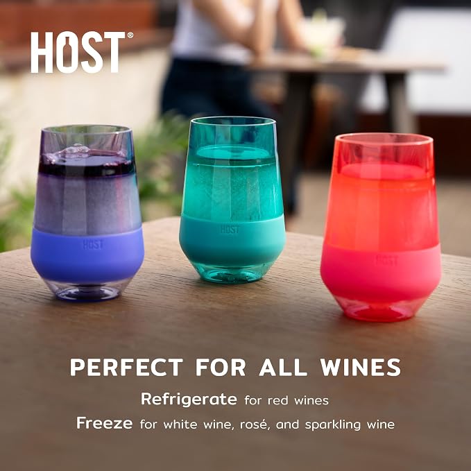 Host Freeze XL Wine Cooling Cups for Gifts for Mom, Birthday Gifts for Women, Double Wall Insulated Plastic Wine Glasses for Red and White Wines, Freezable Plastic Tumblers, 12 oz, Set of 4, Assorted