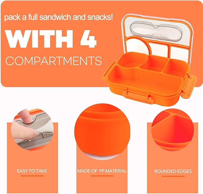 Bento Box for Adults, 4 Compartments Lunch Box, Lunch Containers, Orange