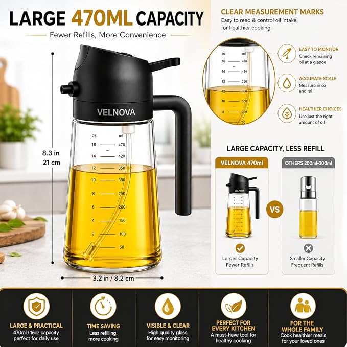 Olive Oil Sprayer for Cooking, 16oz/470ml Glass Oil Sprayer & Dispenser, 2-in-1 Oil Mister Bottle for Air Fryer, Salad, BBQ, Frying, Roasting & Kitchen, Food Grade, Leakproof, Refillable