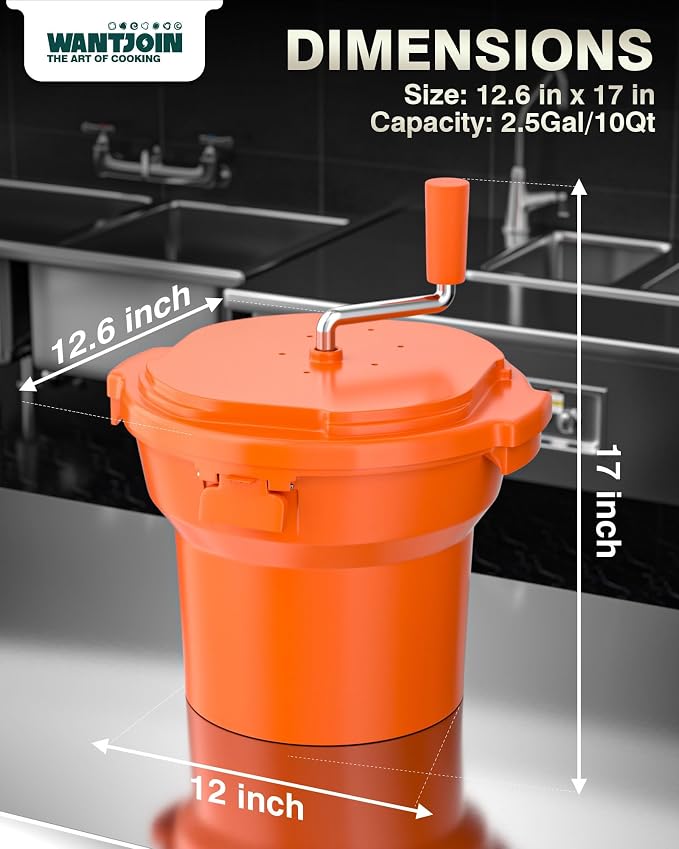 WantJoin Commercial Salad Spinner - [2.5 Gallon Salad Dryer] w/Aluminum Handle & [Draining Hose], 10Qt Manual Salad Spinner for up to 3 Heads of Lettuce Spinner Large for Catering Kitchen, Orange