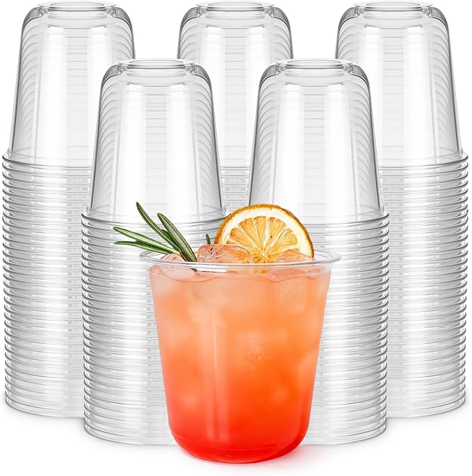 100 Pcs 12 oz Round Bottom Plastic Cups, Crystal Clear Disposable Stemless Wine Glasses Cocktail Cups for Party, Wedding, Birthday, Catering Cold Drinks