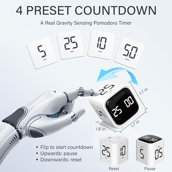 Rotating Pomodoro Timer 5/25/10/50, Desk Productivity Timer for ADHD, White | Countdown/Stopwatch Cube Timer, Vibration/High/Low Volume/Custom Modes, for Work Study, Back to School, Kitchen