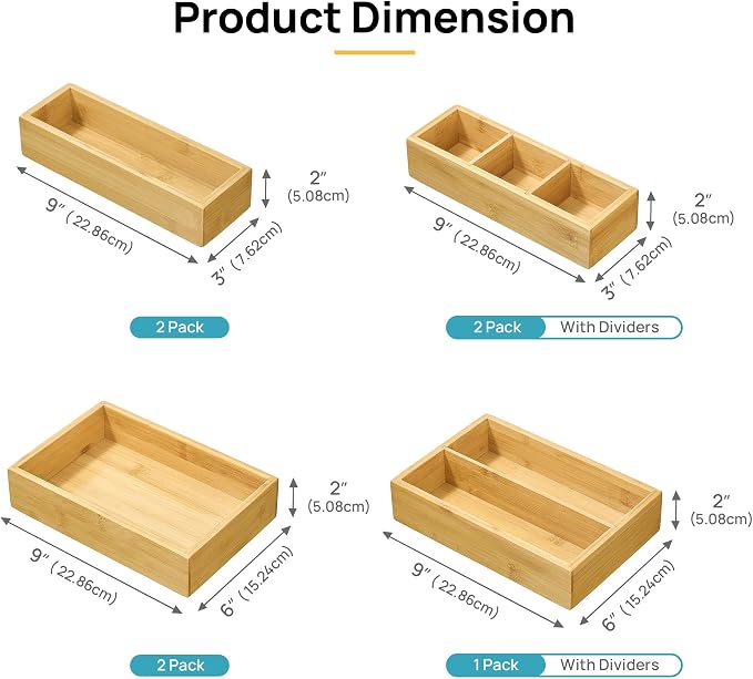 Vtopmart 7 Pack Bamboo Drawer Organizer Boxes, Junk Drawer Organizers | Natural Bamboo Storage Trays, Non-Slip Base, Kitchen Bathroom Office Vanity Drawers, Multi-Size Organizer Boxes, Makeup Tools