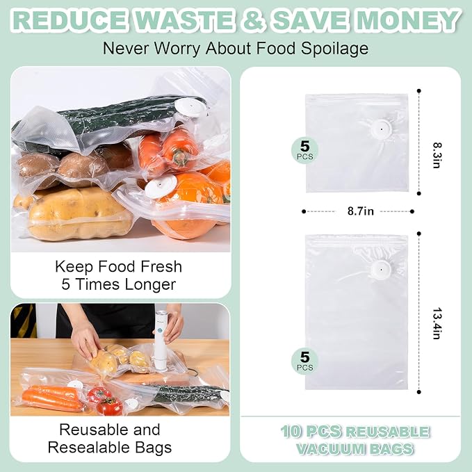 Handheld Vacuum Sealer for Food Storage – Portable & Rechargeable, Easy One-Hand Automatic Operation, 1 Vacuum Sealer + 10 Food Reusable Bags