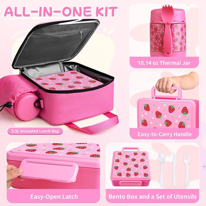 REDSHELL Kids Bento Lunch Box Set, Insulated Lunch Bag for Girls, Rose Red | Toddler 5-Compartment Lunchbox, Leakproof Food Jar, Snack Container, School Daycare, Bottle Holder, Adjustable Shoulder Strap
