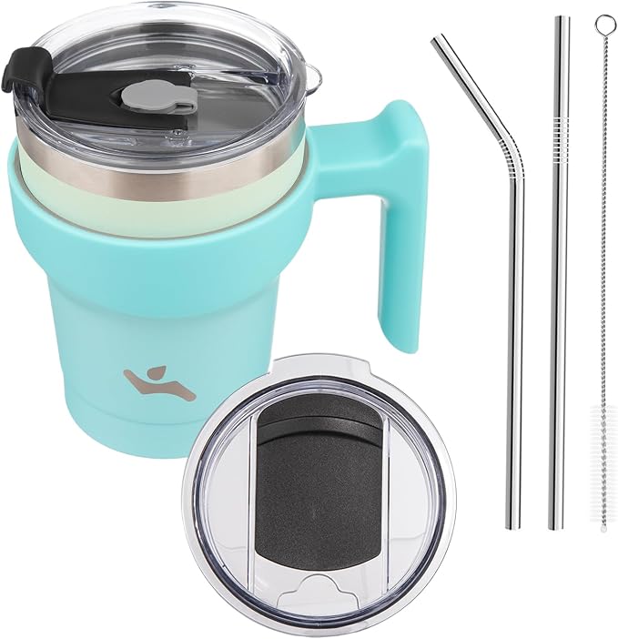 Konokyo 10 oz Tumbler with Handle and Straw, Insulated Travel Mug | Mint; BPA-free, leak-proof tumbler with 2 lids, 2 straws, cup holder fit for coffee, office, travel & daily use