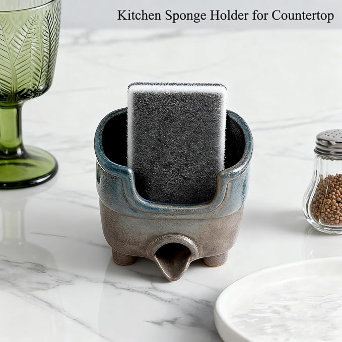 Ceramic Sponge Holder with Drainage，Farmhouse Sink Caddy | Self Draining Organizer for Sponges, Soap, Brushes. Compact Rustic Kitchen Accessory Keeps Counter Dry & Tidy. Country Blue