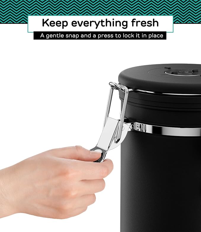 Coffee Gator Coffee Canister, 22oz Airtight Stainless Steel Container | w/ Date Tracker, Scoop, Valve, Kitchen Food Storage Jars for Beans, Ground, Rice, Tea, Sugar, Cookie, Bar Accessories, Black