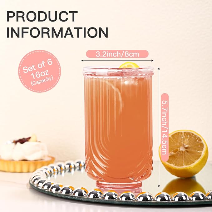 JOVGANK Pink Vintage Glassware Set of 6 - 17oz Highball Cocktail Glasses with Arched Ripple Design for Water, Coffee, Juice, Whiskey, Bar, Ice, Housewarming Gifts
