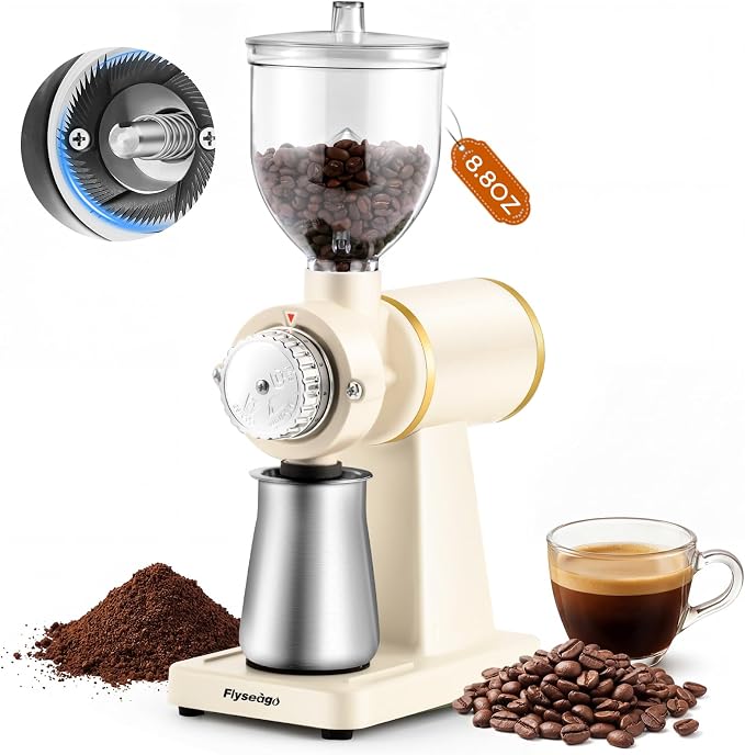 Electric Burr Coffee Grinder, 8 Grind Settings Cream Style White | 64mm Stainless Steel Flat Burr, Low Static & Quiet, for Espresso Pour Over French Press, 3-in-1 Receiving Cup, Easy Clean