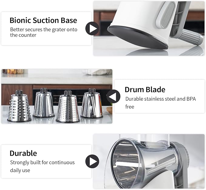 Weltonhm 4 in 1 Large Cheese Grater Hand Crank (White Grey 4 Graters) | Cheese Shredder Rotary and Slicer with 4 Stainless Steel Blades for Vegetables, Veggie and Cheese, Stronger Suction Base