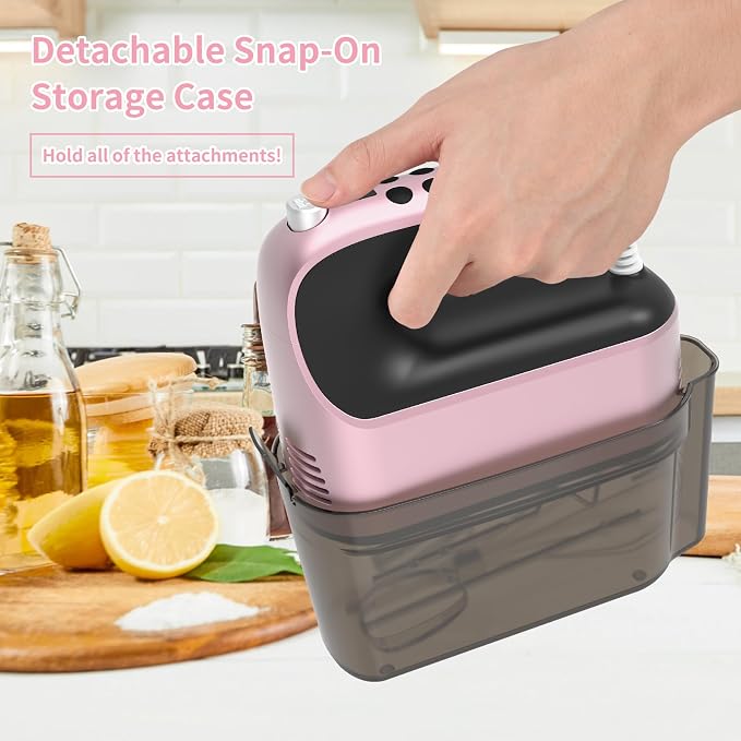 Yomelo 9-Speed Digital Hand Mixer Electric, 400W Powerful DC Motor, Hand Mixer Electric Handheld with Snap-On Storage Case, 5 Stainless Steel Accessories, Beaters, Dough Hooks, Whisk(Rose Gold)