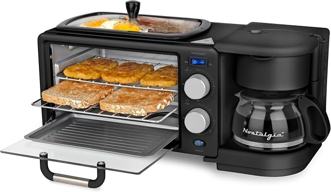 Nostalgia 3-in-1 Retro Breakfast Station - Includes 5 (4 Oz) Cup Coffee Maker, Non-Stick Ceramic Griddle, and 4-Slice Toaster Oven - Built-In Timer, Reusable Coffee Filter, Space-Saving Design - Black