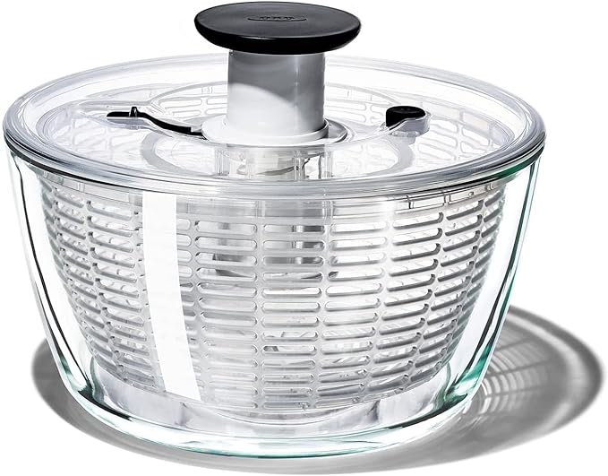 OXO Good Grips Glass Salad Spinner (6.22 Quart) and OXO Good Grips GreenSaver Produce Keeper - Large (5 qt/4.7 L), White